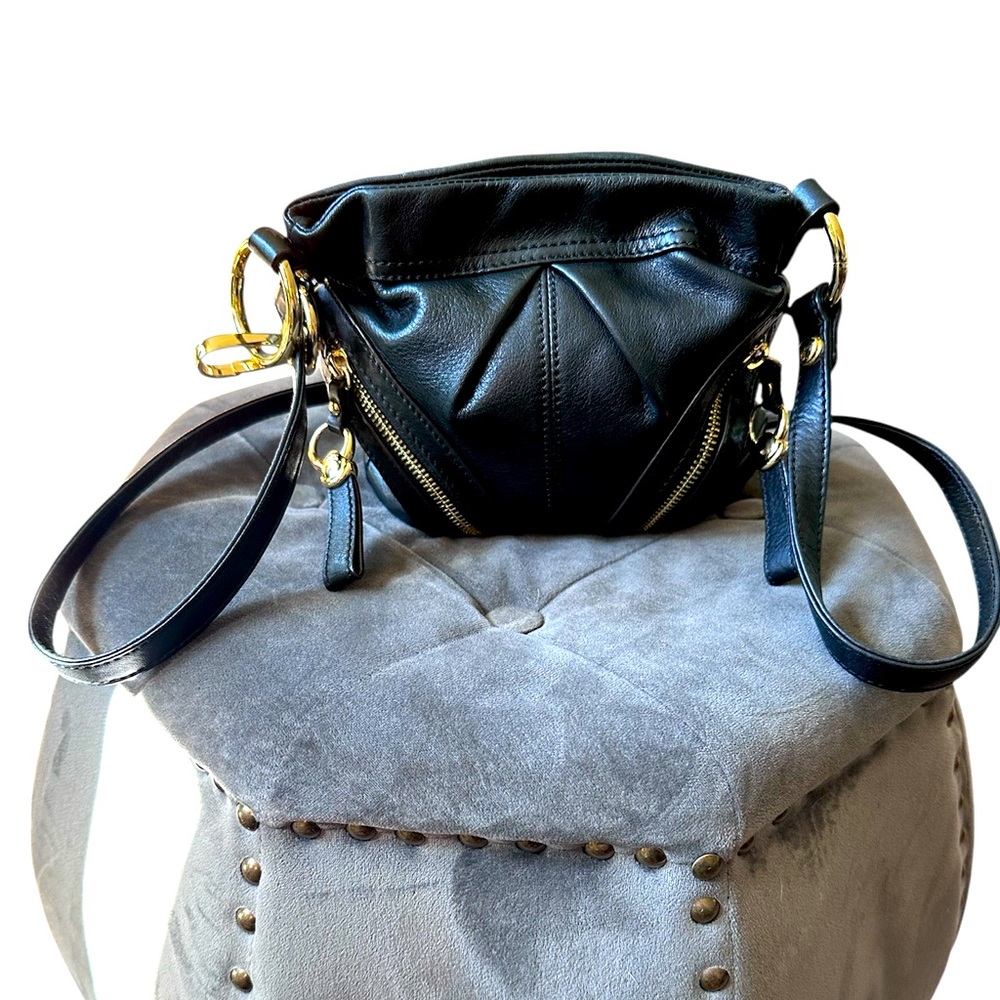 b. makowsky Black Leather Crossbody Bag with Gold Hardware